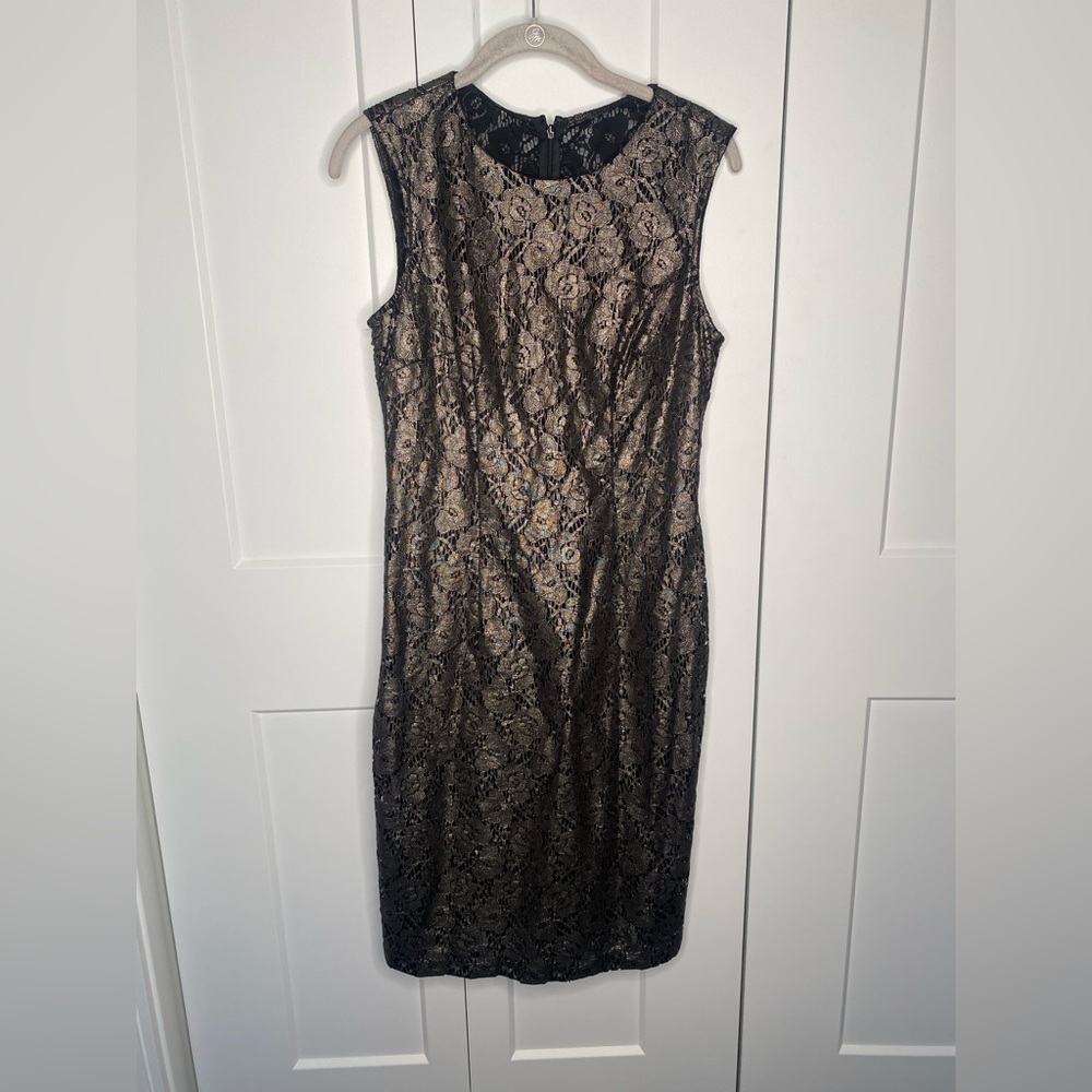 White House Black Market Metallic Copper Lace Embroidered Dress Size 6